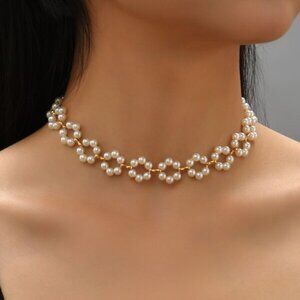 Pearl Beaded Floral Choker Necklace (14.2" + 2")